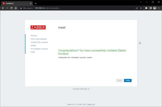 Zabbix Install - Auto configuração via interface web - Parabéns, a instalação foi concluída!