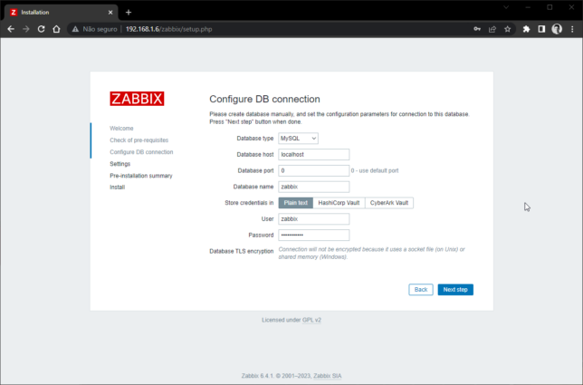 Zabbix Install - Auto configuração via interface web - Configuração do banco de dados