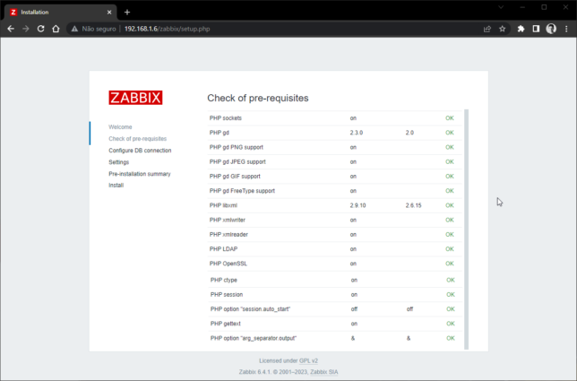 Zabbix Install - Auto configuração via interface web - Checagem de pré-requisitos: pacotes e configurações essenciais