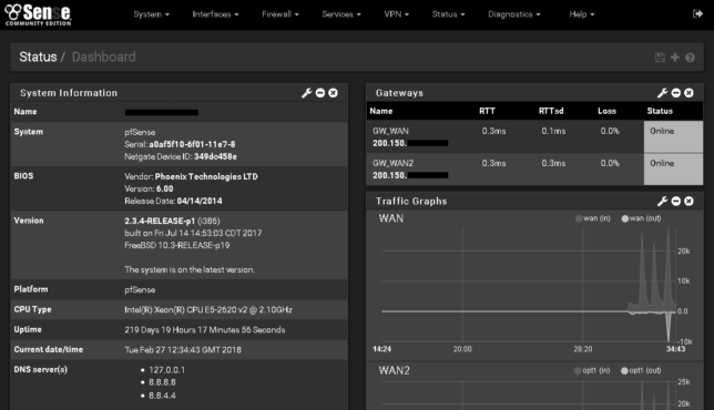 PfSense - Main Dashboard v2.3.4