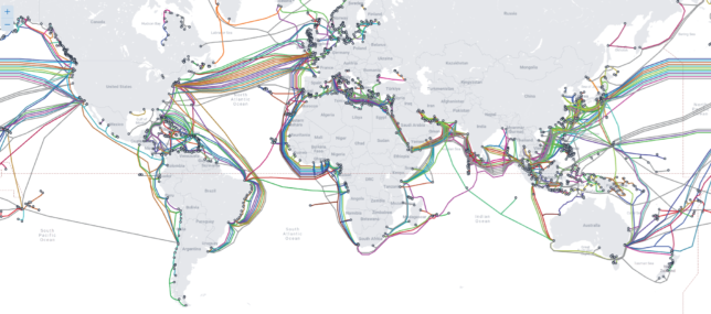 Mapa de cabos submarinos. Imagem: submarinecablemap.com