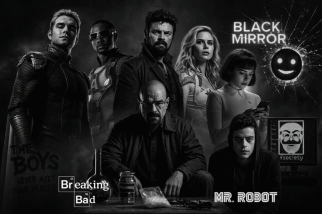 Personagens de séries famosas: Homelander, A-Train, Butcher, Starlight, Black Mirror, Heisenberg (Walter White), Elliot Alderson